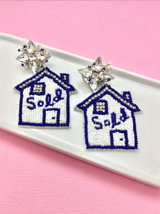 Blue and White Sold House Real Estate Realtor Earrings