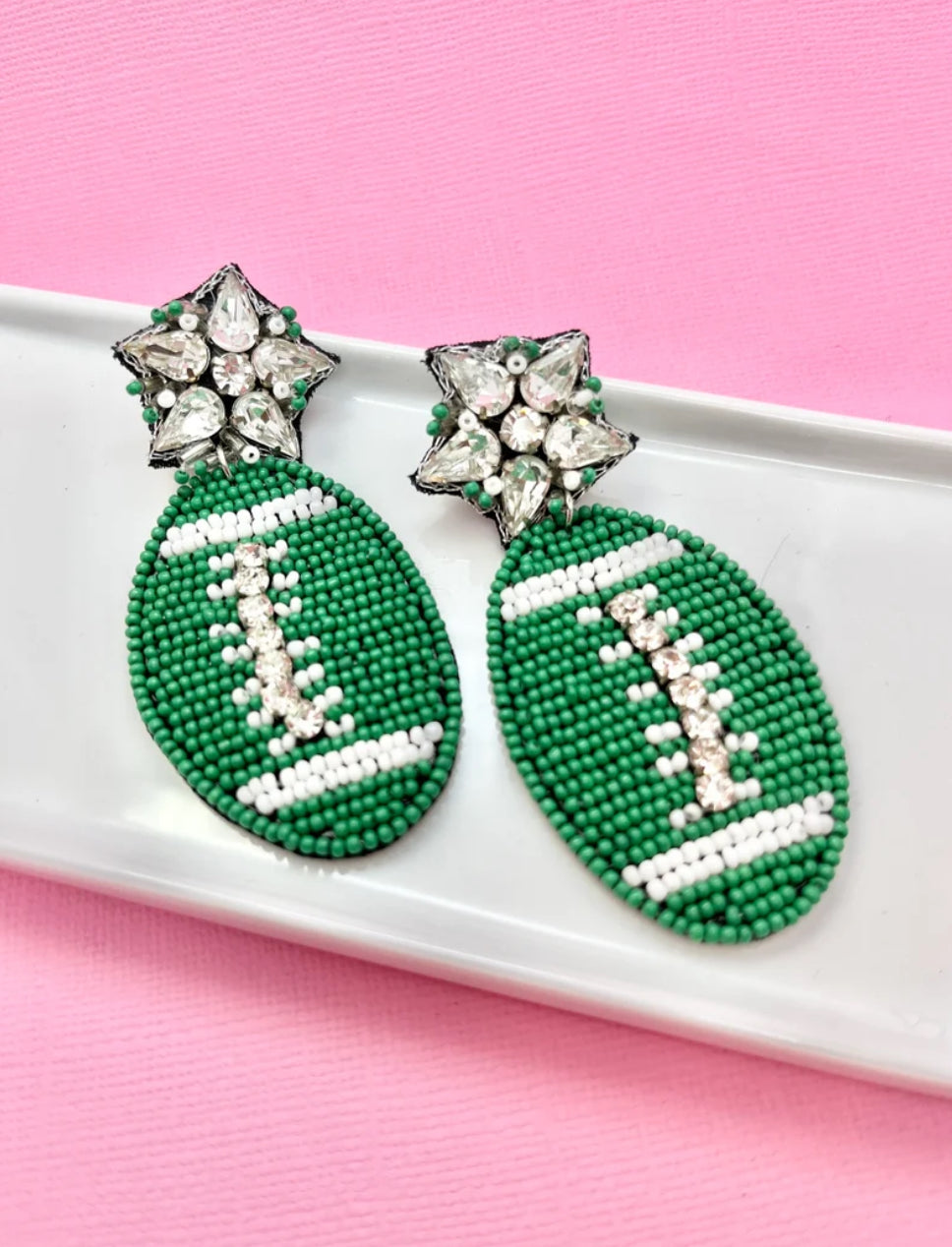 Green and White Game Day Earrings