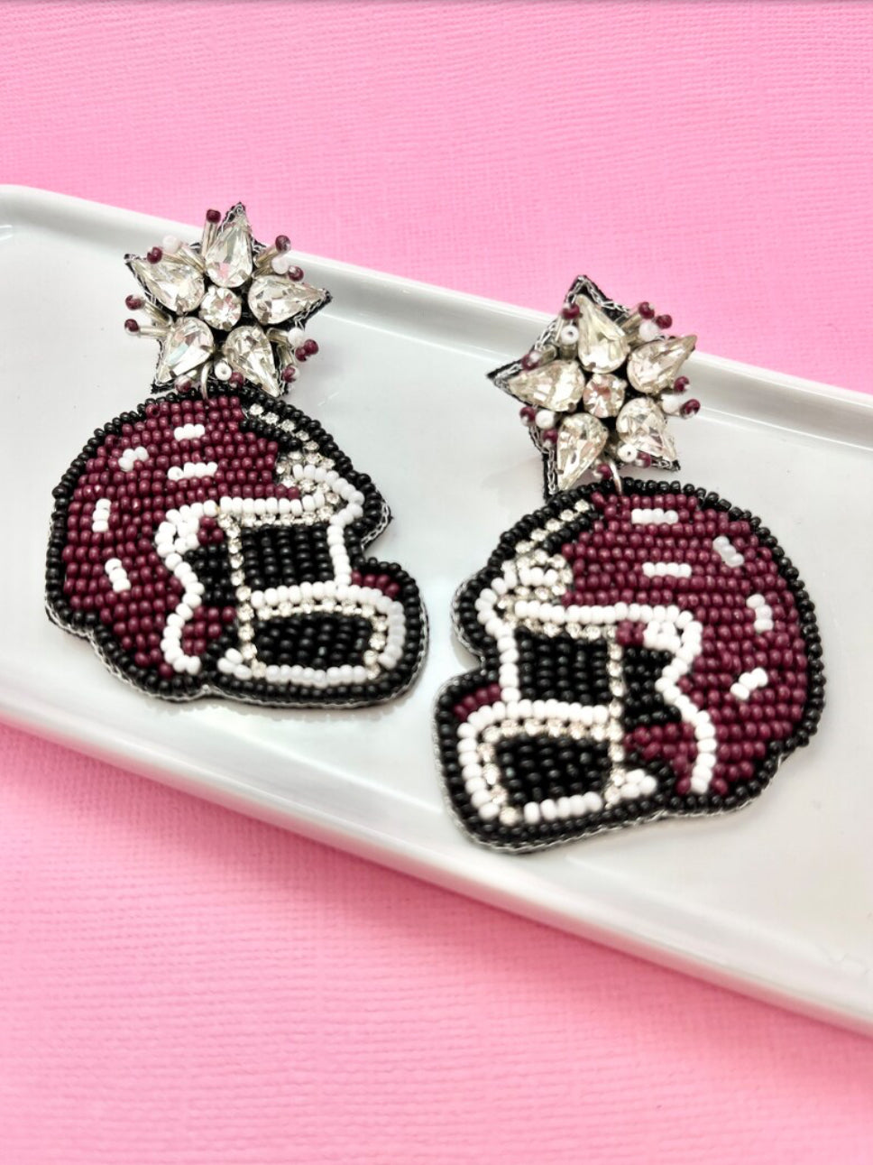 Dark Maroon and White Game Day Earrings