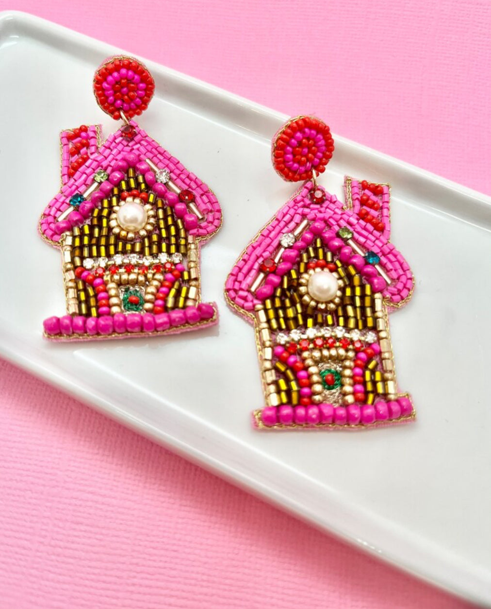 Pink Gingerbread House Earrings