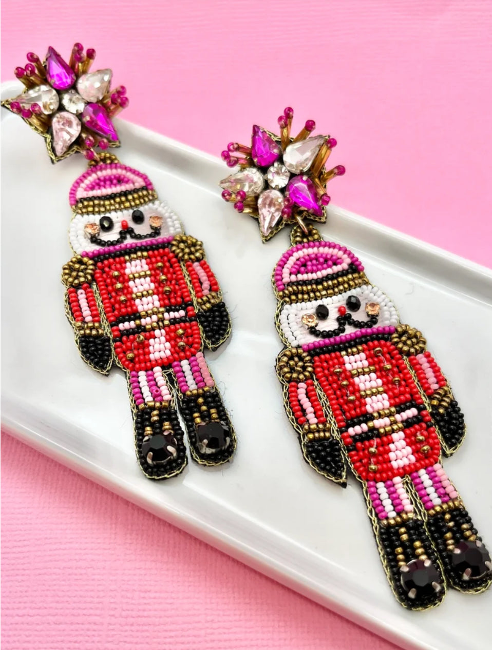 Pink Nutcracker Christmas Beaded Earrings