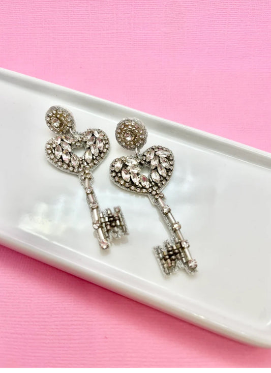 Silver Heart Key Earrings