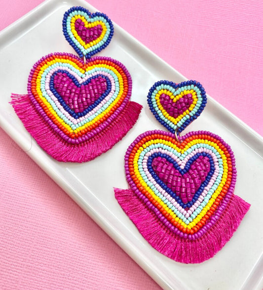 Rainbow Heart Fringe Beaded Earrings