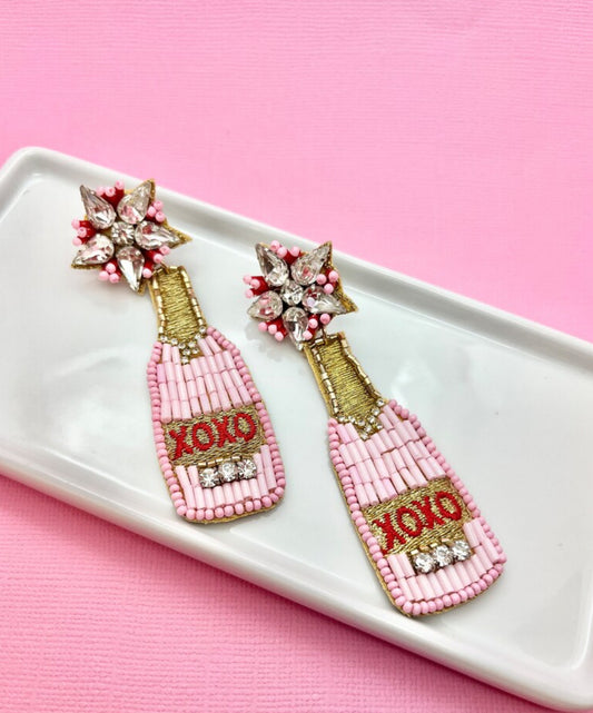 XO Champagne Bottle Beaded Valentines Earrings