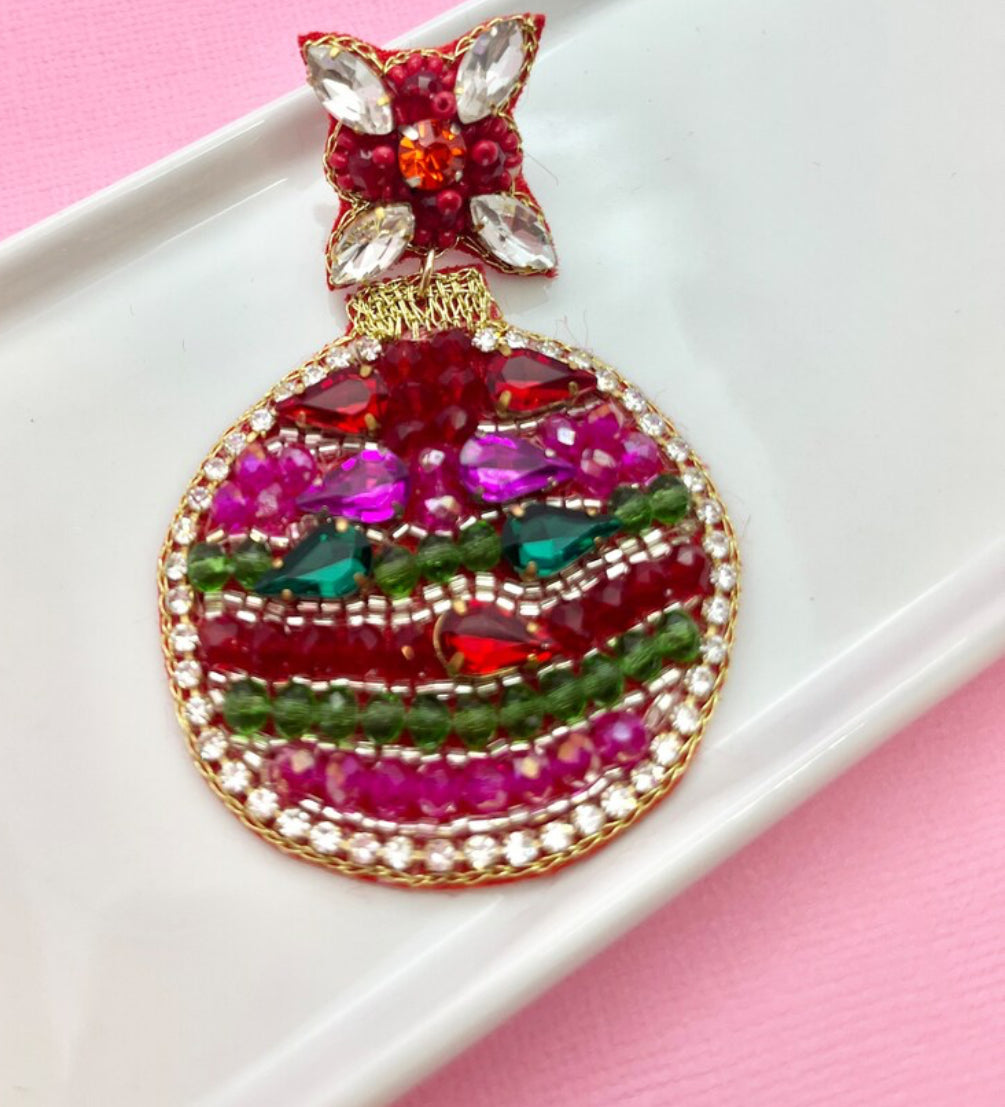 Pink Glitz Christmas Ornament Beaded Earrings