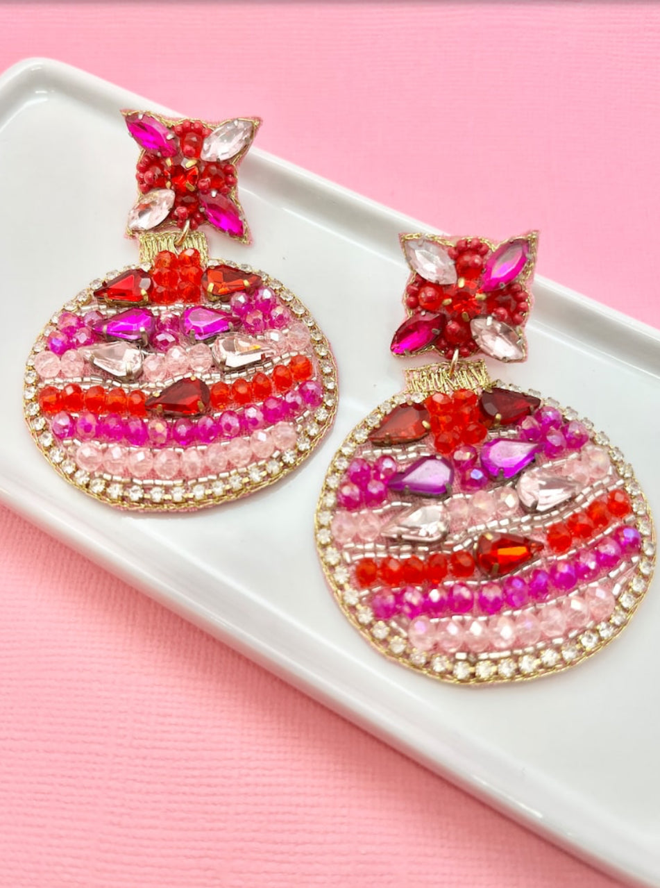 Pink and Red Glitz Christmas Ornament Beaded Earrings