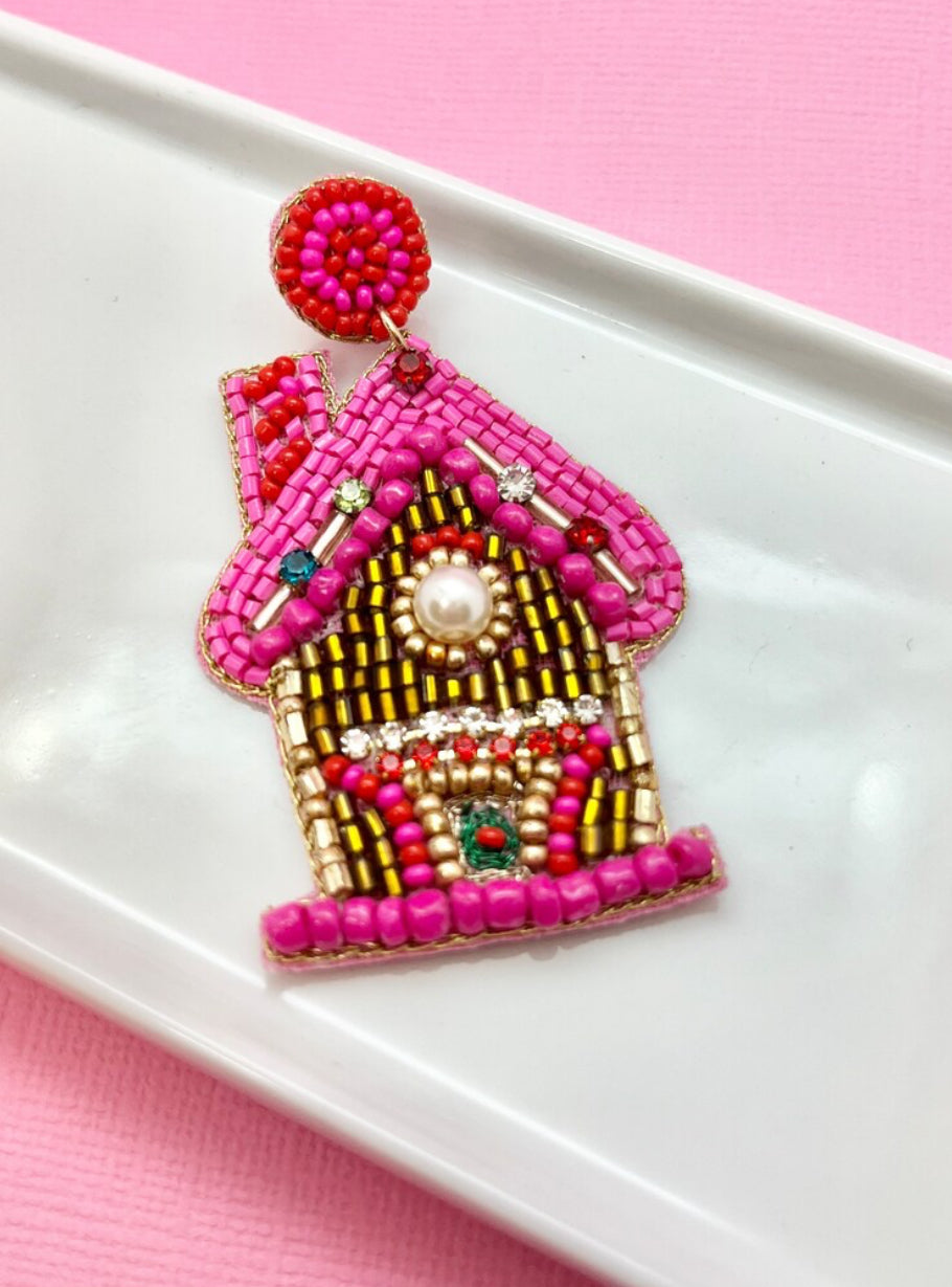 Pink Gingerbread House Earrings