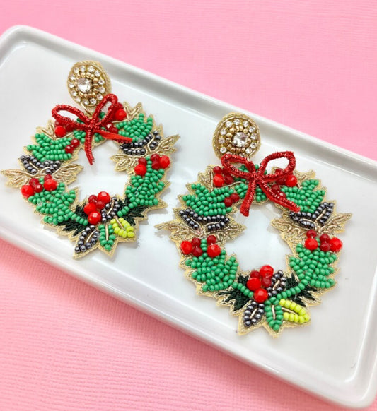 Christmas Wreath Beaded Earrings