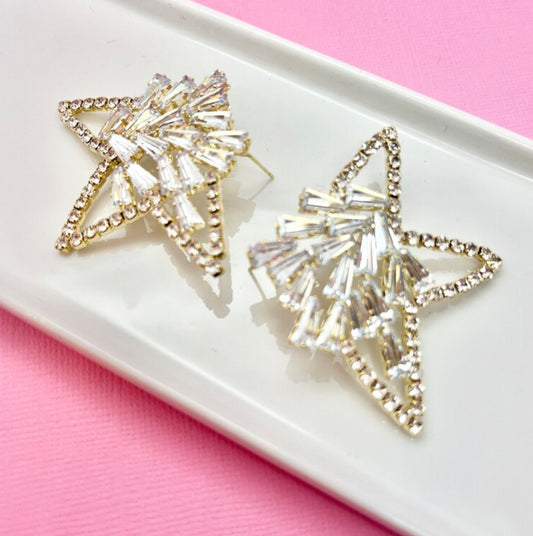 Crystal and 18K Plated Gold Star Statement Earrings