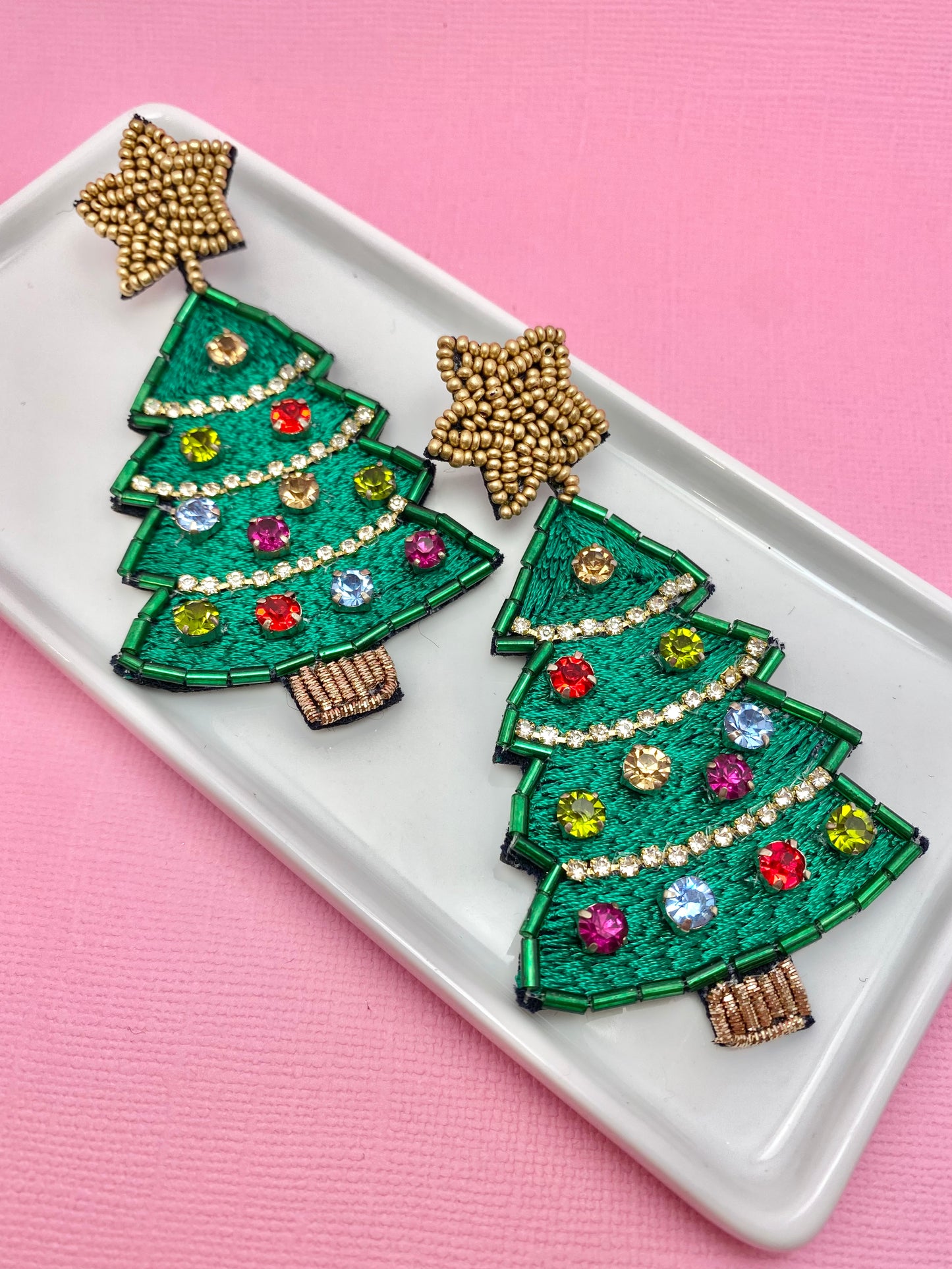 Christmas Bling Star-Topped Beaded Tree Earrings