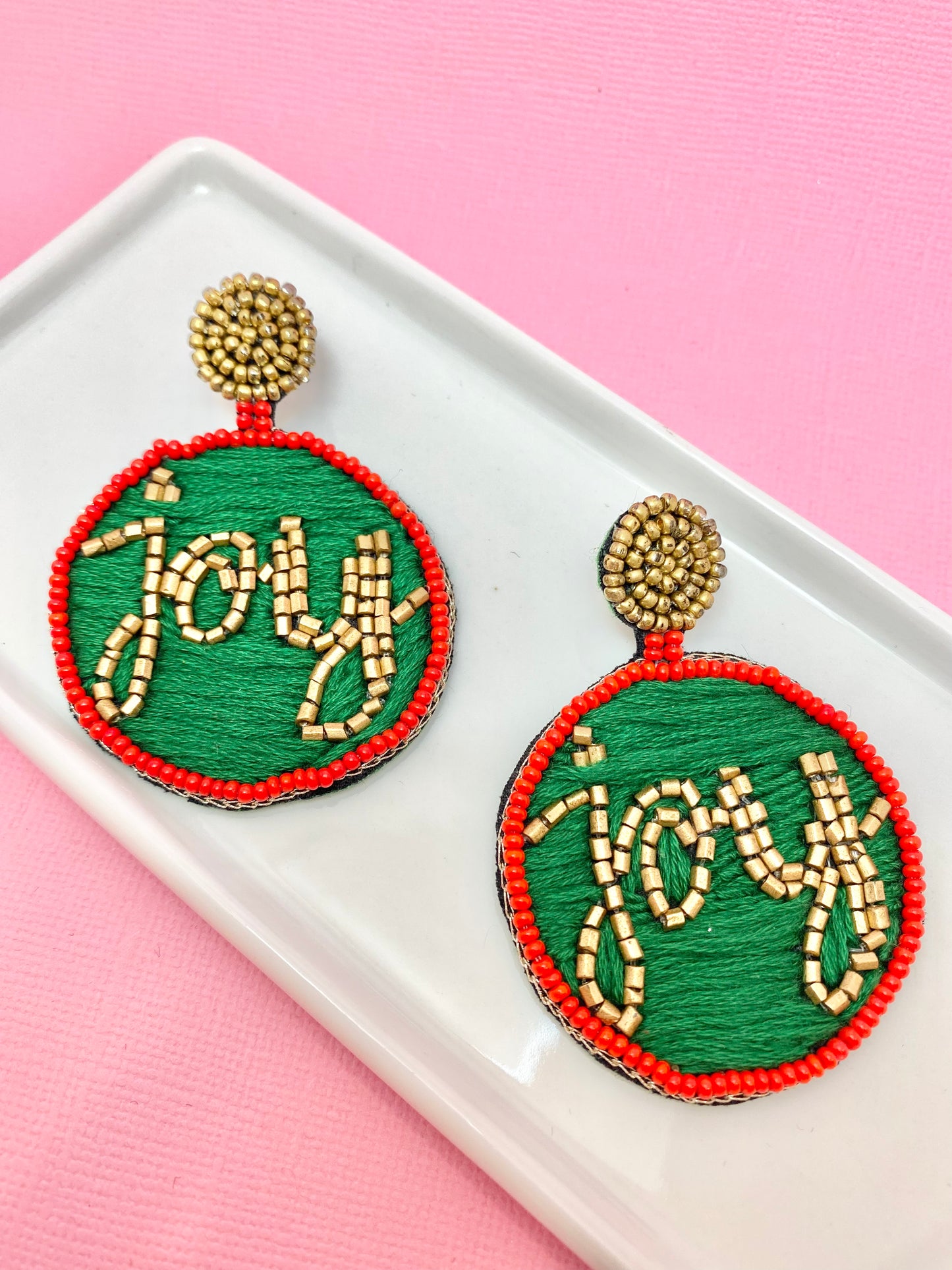 Joy To The World Christmas Ornament Beaded Earrings
