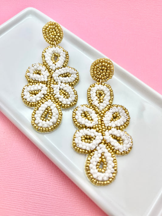 Gold and White Beaded Statement Earrings