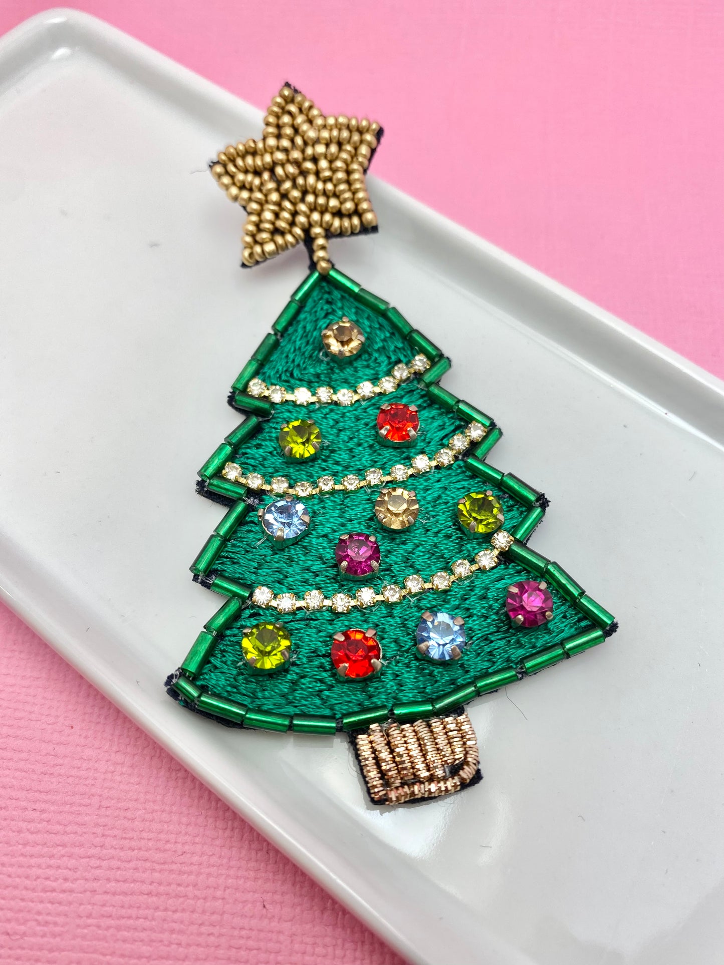 Christmas Bling Star-Topped Beaded Tree Earrings